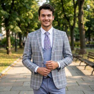 New 2026 Mens 3pc Windowpane Grey/White Suit Set, Hybrid Fit